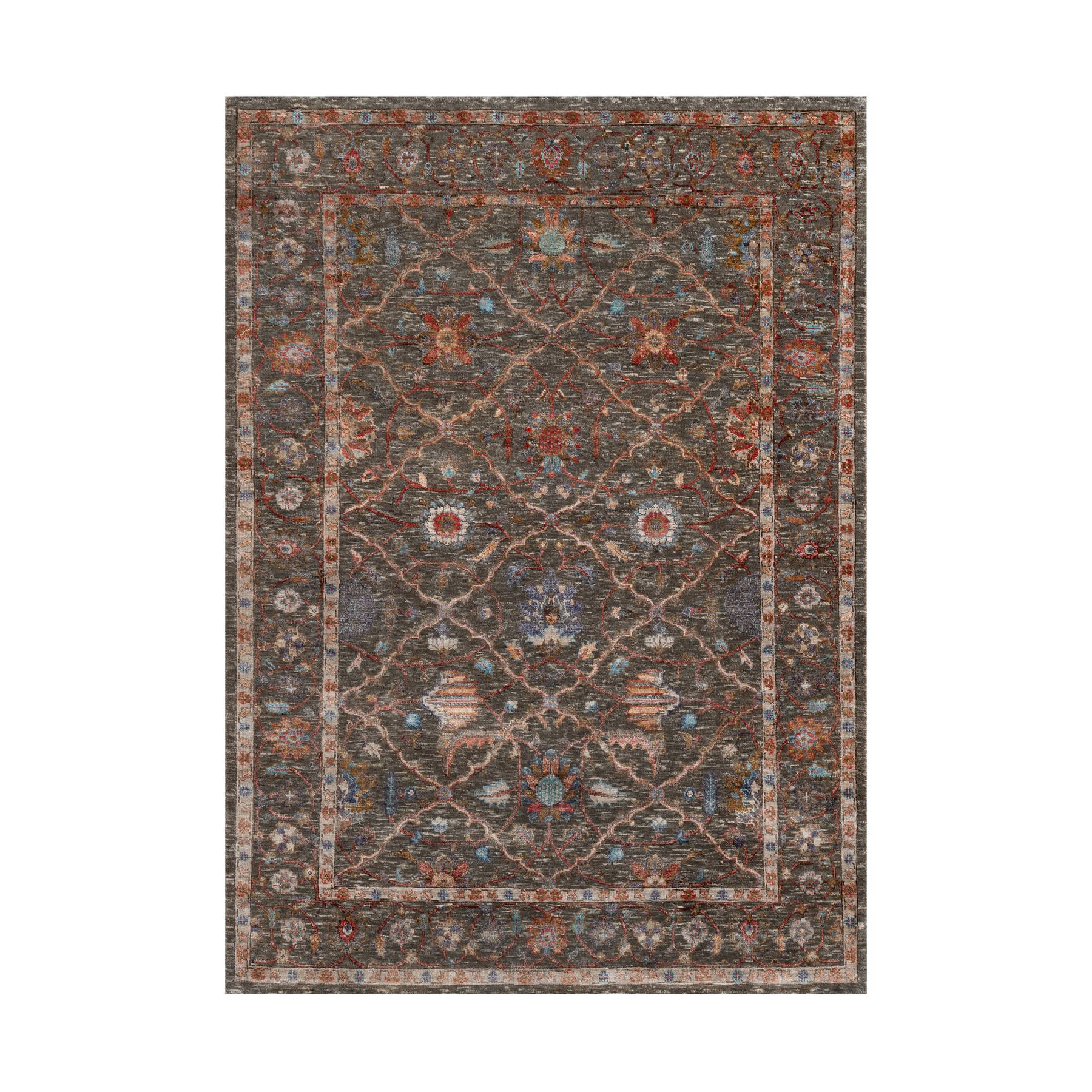 5'x7' Chocolate Chip Brown, Persian Scrolls Leaf and Flower Design, Striae Pattern, Hand Knotted, Textured Wool and Silk, Oriental Rug 